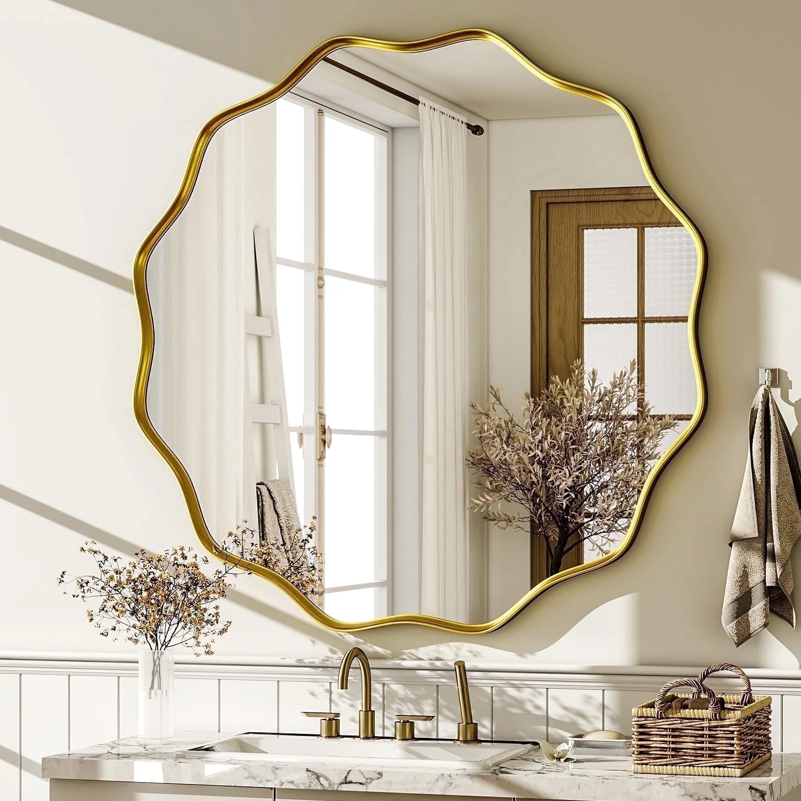 BEAUTYPEAK 36" Wavy Round Bathroom Mirror Wall Decor with Deep Frame, Gold | Walmart (US)