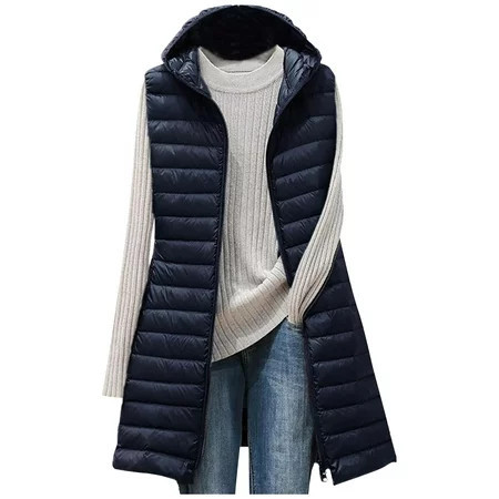 Elabch Womens Long Puffer Vest Cotton Sleeveless Puffy Jacket Lightweight Down Coat Quilted Hooded Zip Up Sleeveless Vests Outerwear with Pocket Navy 3XL | Walmart (US)