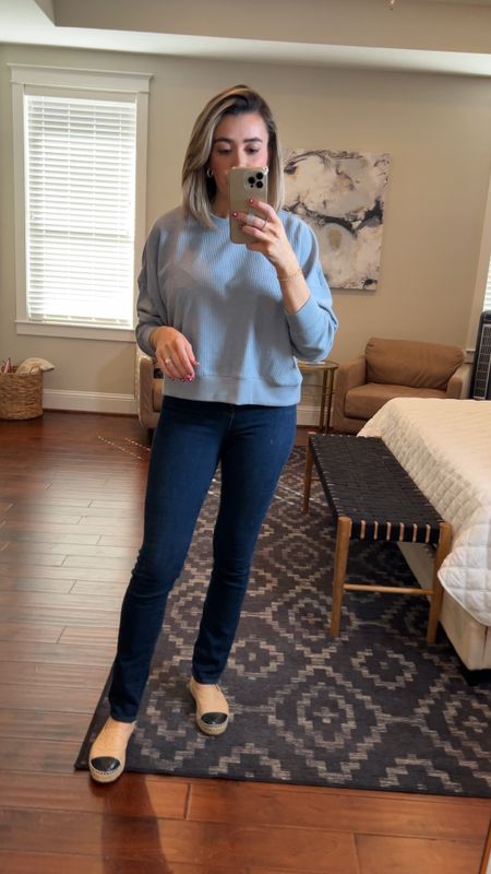 Pullover is super comfy ! Wearing a small, fits tts. 40% off with code 40OFFTOPS.
20% off everything else from Vici with code Janiechicstyle 

My jeans have been my fav since I purchased them in December! Super stretchy and high waisted. Fit tts and I’m wearing the long length. I’m 5’8.

Espadrilles are Chanel but linking a similar affordable style. 