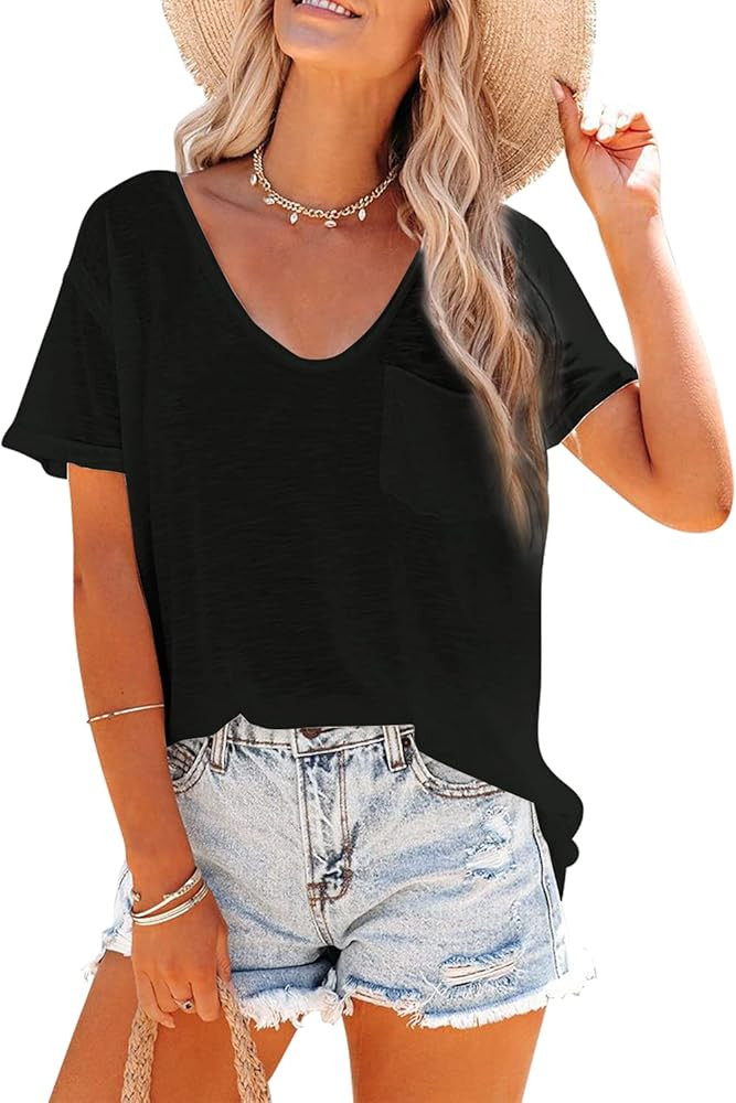 Davenil Women V Neck T Shirts with Pocket Short Sleeve Casual Loose Fitting Summer Tunic Tops | Amazon (US)