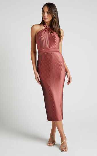 Marlette Midi Dress - Pleated Open Back Halter Dress in Rust | Showpo (US, UK & Europe)