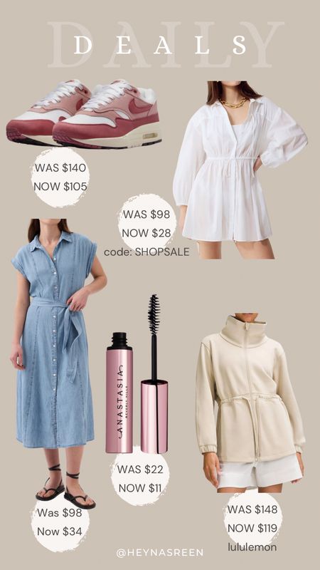 Daily deal on Nike sneakers, J.Crew  coverup shirt, Gap denim shirtdress, Anastasia clear brow gel, lululemon  jacket 

#LTKsalealert