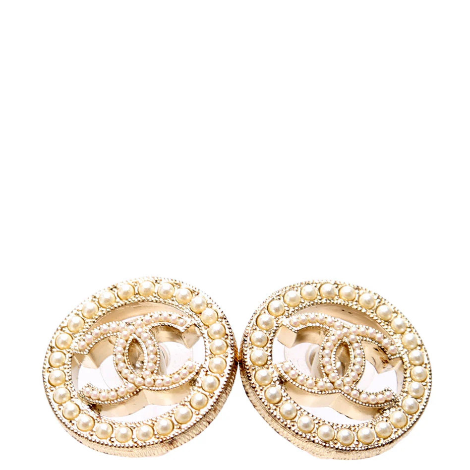 CC Pearl Circle Stud Earrings Gold/Pearl | Keeks Designer Handbags