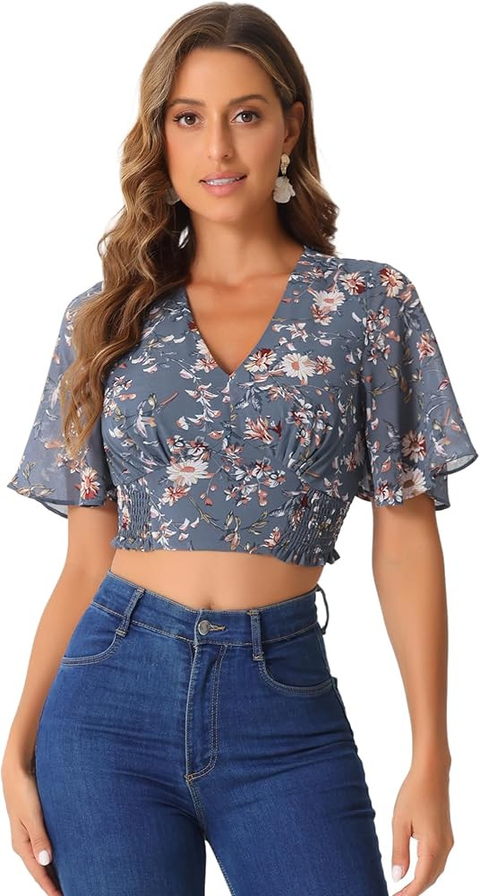 Allegra K Women's Floral Blouse Flare Short Sleeve V Neck 2025 Trendy Summer Smocked Crop Tops | Amazon (US)
