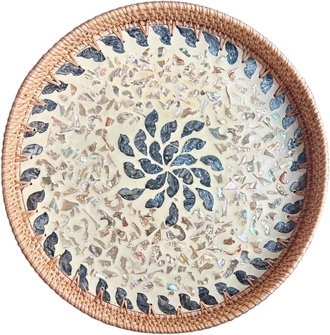 14" Large Rattan Serving Tray with Mother of Pearl, Round Coffee Table Tray Decor, Boho Decorativ... | Amazon (US)