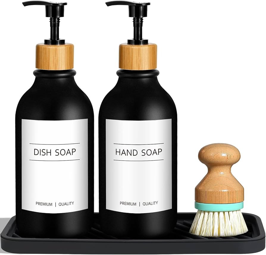 GMISUN Black Hand and Dish Soap Dispenser Set with Tray, 500 ML Plastic Kitchen Sink Soap Dispens... | Amazon (UK)