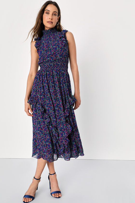 Evalina Navy Blue Floral Print Mock Neck Midi Dress | Lulus (US)