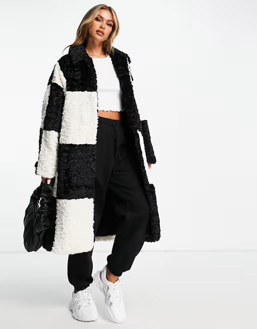 Jayley color block check shearling midi coat in mono | ASOS | ASOS (Global)