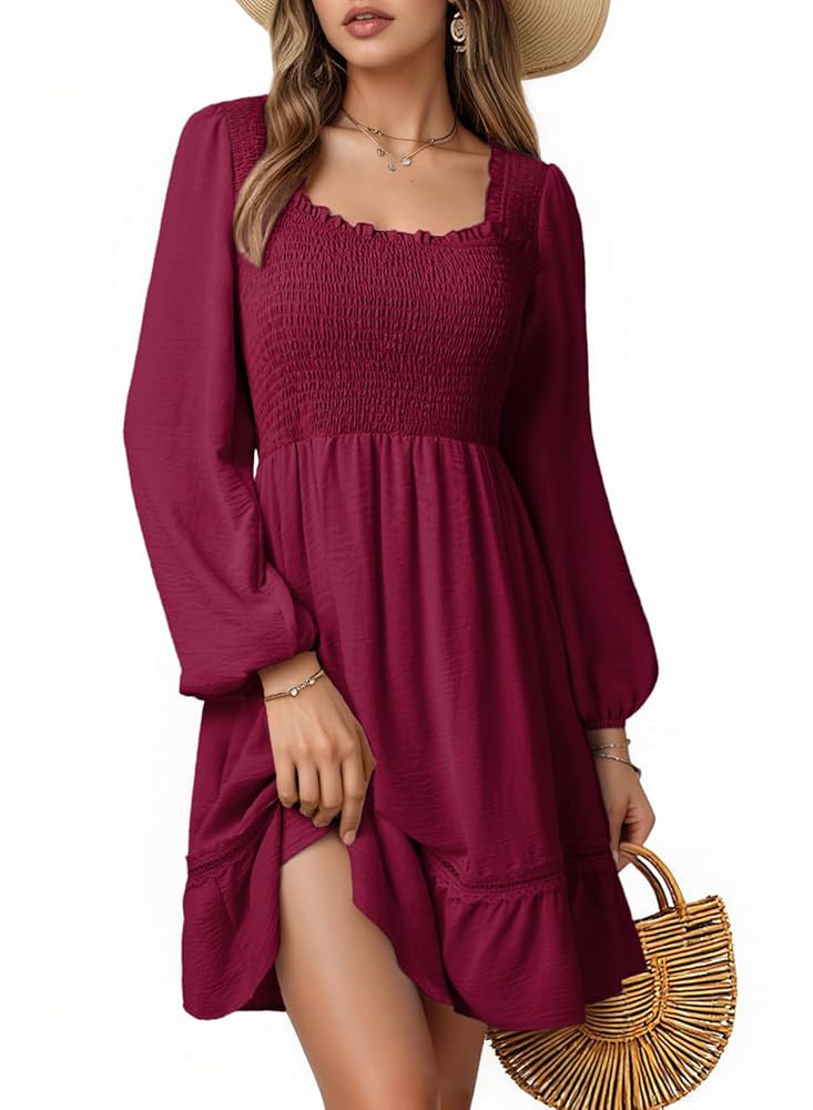 Dokotoo Dresses for Women 2025 Square Neck Long Sleeve Smocked Dress Flowy Tiered Ruffle Lace Bea... | Amazon (US)