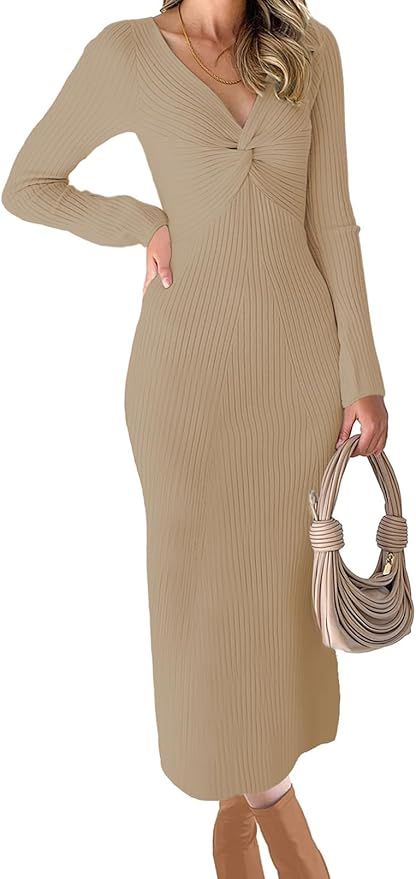 Womens Ribbed Knit Maxi Dresses Long Sleeve V Neck Casual Sweater Dress Bodycon Midi Dress | Amazon (US)