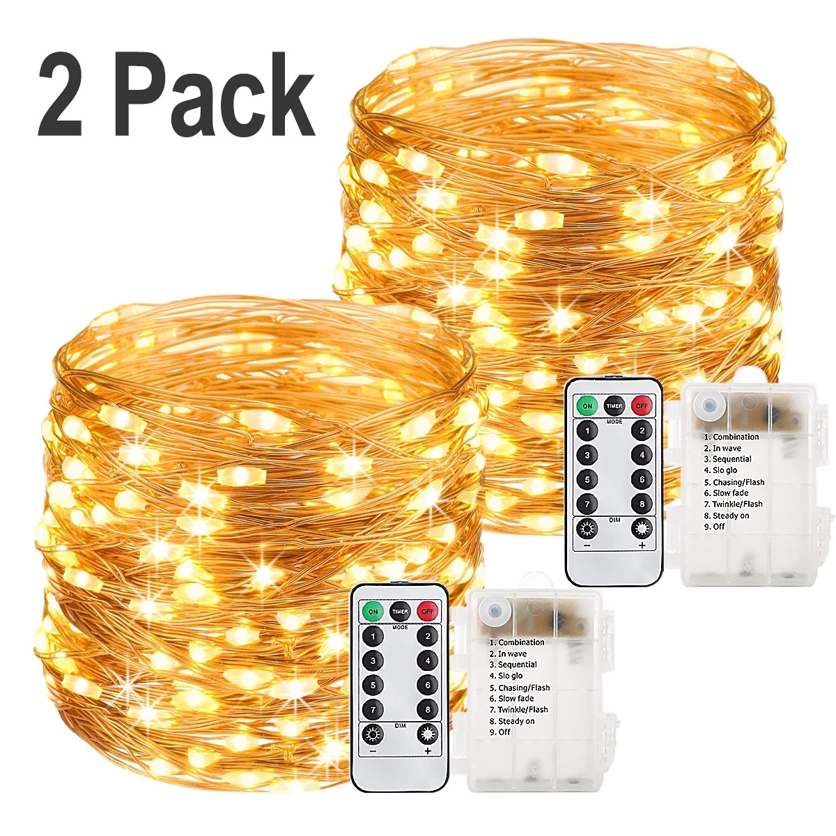 Gluaae 2 Pack 200 LED Fairy Lights Battery Operated, 66Ft Christmas Lights with Remote, 8 Modes C... | Walmart (US)