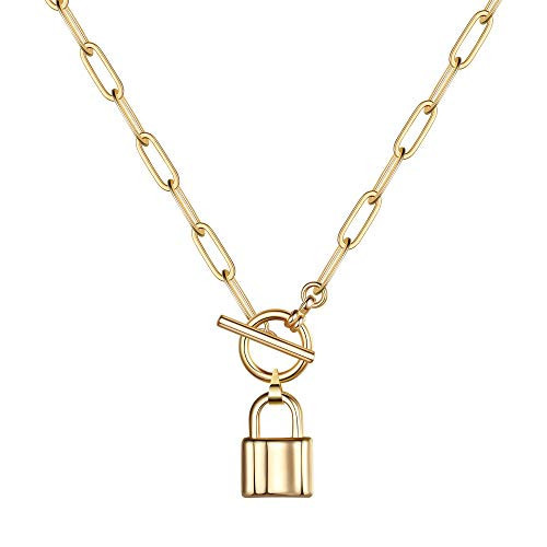 Turandoss Lock Necklace, 14K-Gold-Plated Padlock Necklace Dainty Link Chain Lock Pendant Necklace Mini Lock Choker Necklaces for Women | Amazon (US)