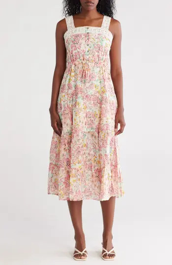 Lovestitch Floral Cotton Tiered Midi Dress in Natural/Peach Blossom at Nordstrom Rack, Size Large | Nordstrom Rack