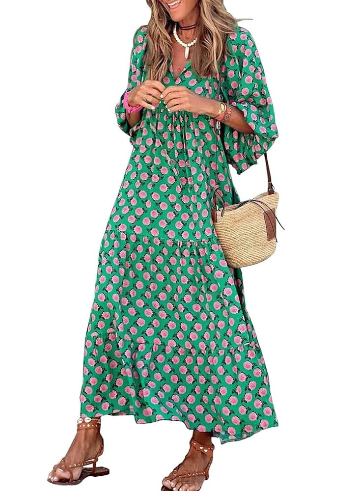 miduo Womens Loose Fit Casual Summer V Neck Half Sleeve Bohemian Geometric Pattern Maxi Long Dres... | Amazon (US)