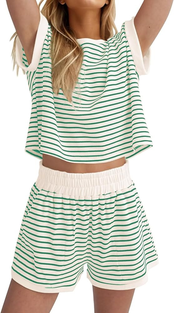 Lounge Sets for Women 2 Piece Waffle Knit Summer Outfits Striped Color Block Short Sleeve Shirt E... | Amazon (US)