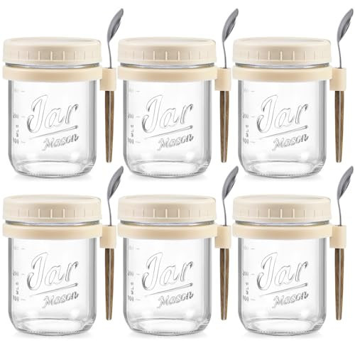 6 Pack Overnight Oats Containers with Lids and Spoons, 16 oz Glass Mason Overnight Oats Jars, Large Capacity Airtight Jars for Milk, Cereal, Fruit(Beige） | Amazon (US)