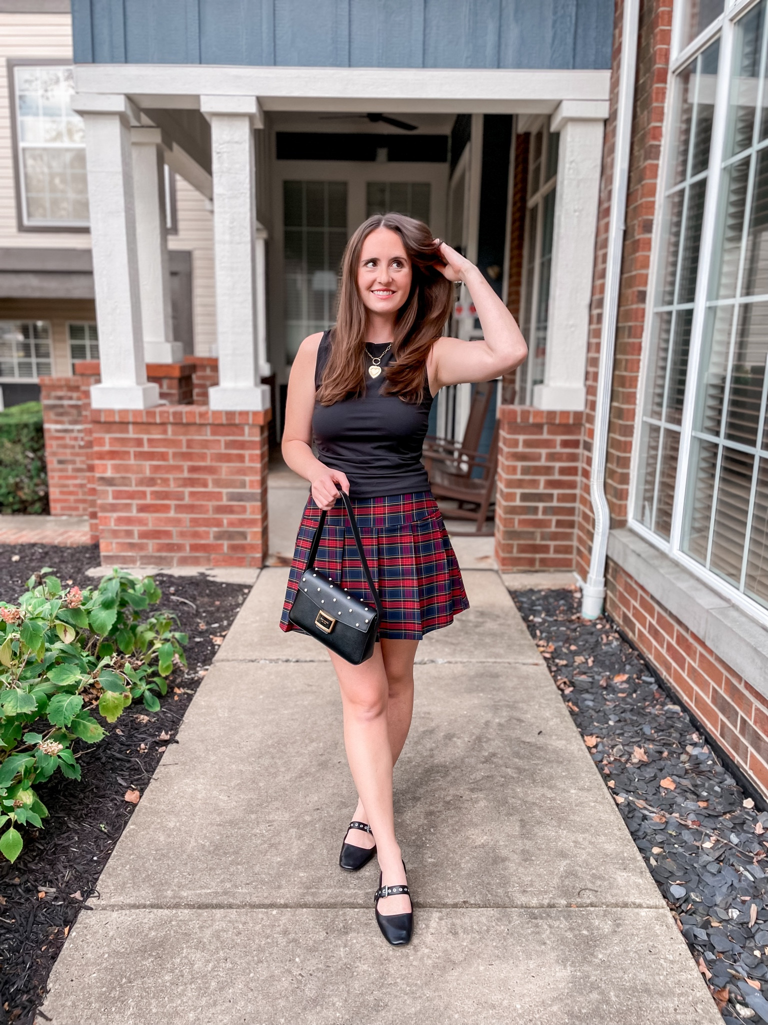 Fall September transition outfit with plaid pleated mango skirt, black buckle Mary Jane flats, high neck old navy black tank top, pearl black Kate spade shoulder bag, heart brinker & Eliza necklace

Feminine, chic, fall outfit, autumn outfit, under $100, under $250, fall fashion, autumn fashion, classic, drop waist, low waist, pleated skirt 

#LTKFindsUnder100 #LTKSeasonal #LTKFindsUnder50