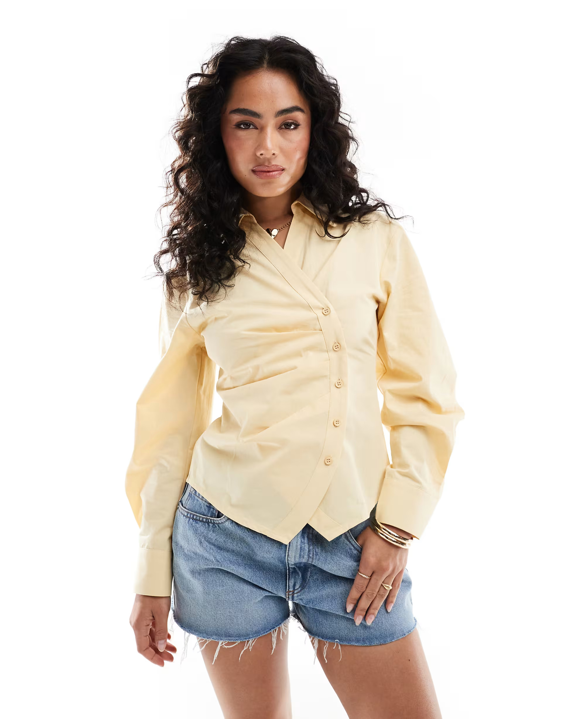 ASOS DESIGN ruched wrap shirt with cocoon sleeve in buttermilk | ASOS (Global)