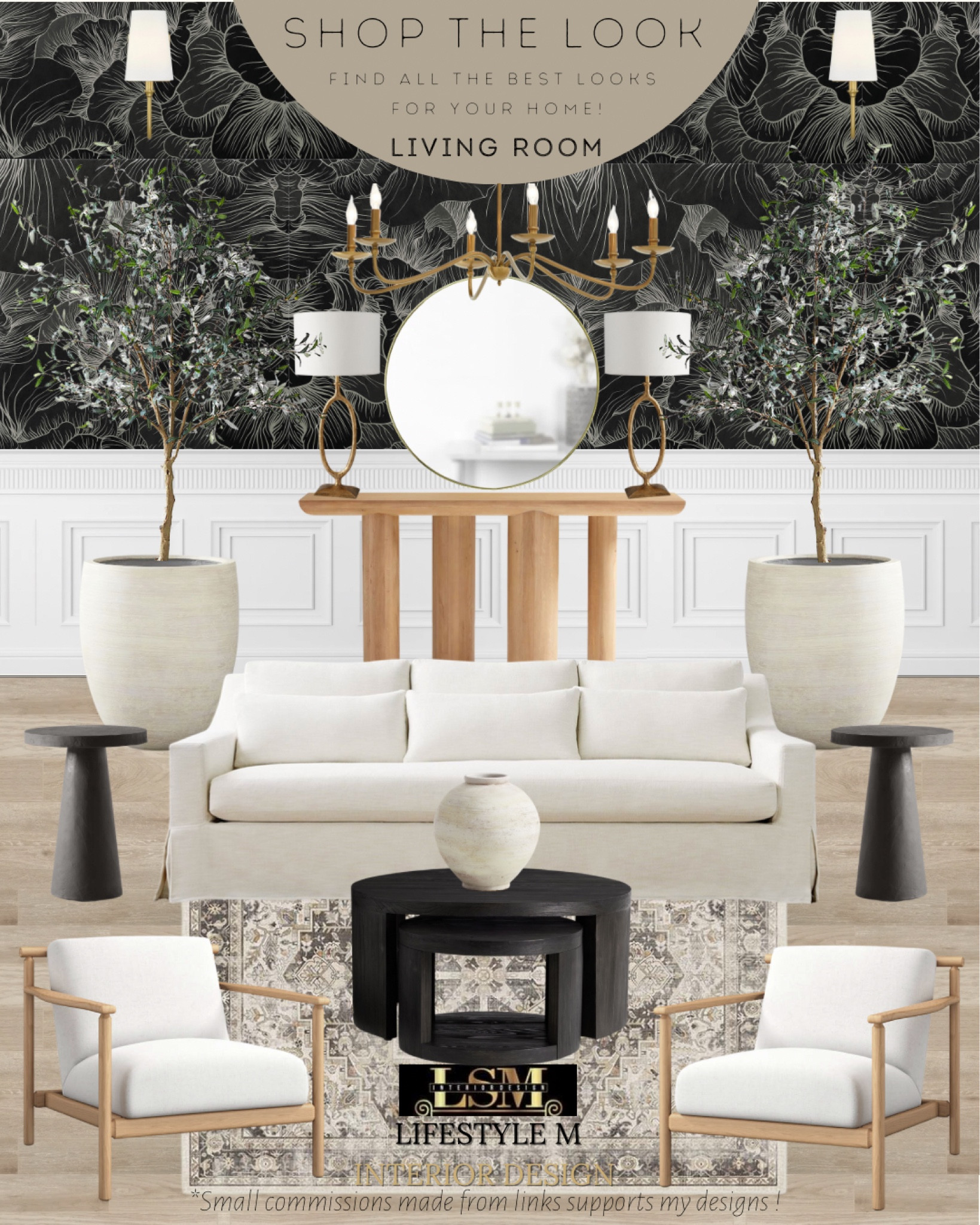 Modern farmhouse living room design idea. Black round coffee table, black round end table, wood upholstered accent chair, white terracotta vase, white sofa, traditional rug, white terracotta tree planter pot, realistic fake tree, wood console table, round brass mirror, brass table lamp, brass chandelier, black modern wall paper, brass wall sconce.


#LTKhome #LTKFind #LTKstyletip