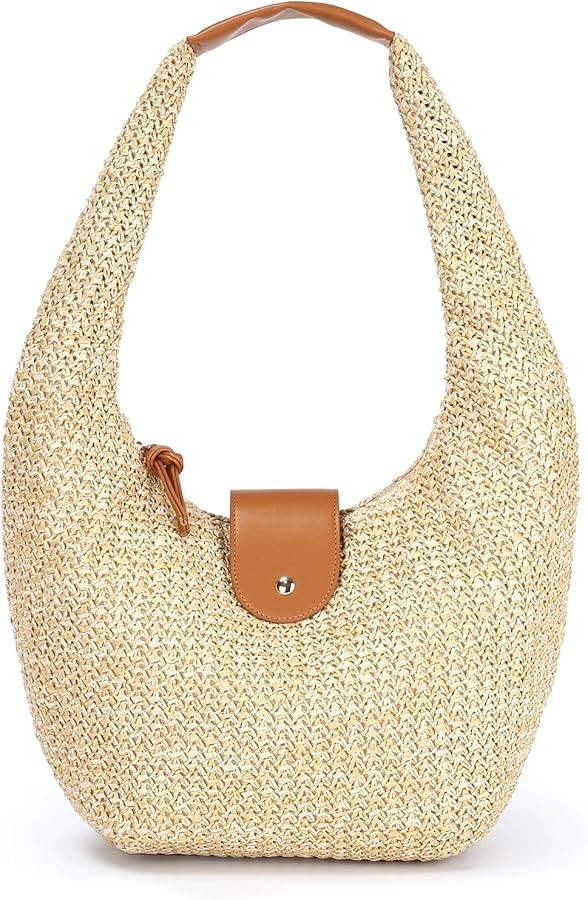 Amazon.com: Herald Straw Woven Hobo Shoulder Purse for Women, Medium Summer Beach Raffia Bag Satchel Handbag Tote for Vacation (Brown) : Clothing, Shoes & Jewelry | Amazon (US)