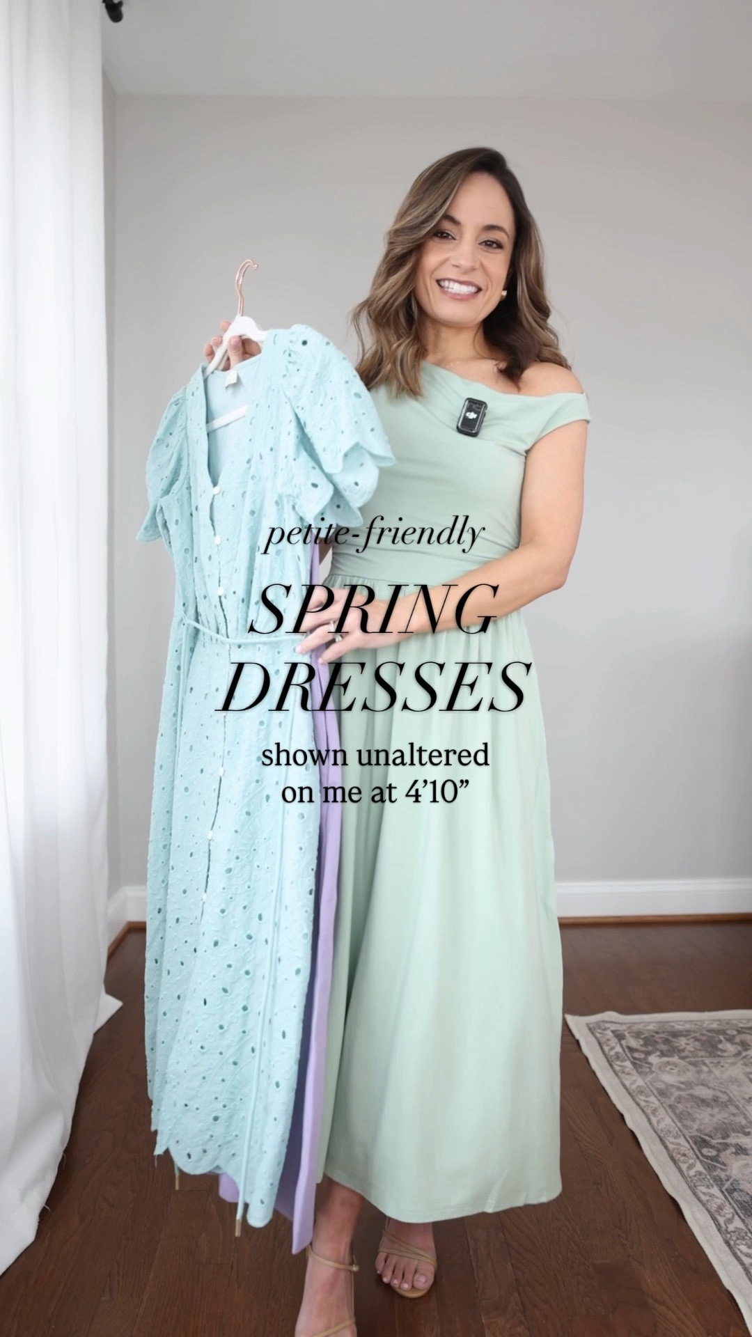 Spring dresses for petites! 

Green dress (Amazon): xs in bean green. The color seems to be shorter than the other colors. My dress is 44” long in xs, 2” shorter than the stated length on the size chart. 
Eyelet dress (LOFT): petite xxs/00 - runs large, recommend a size down 
Purple dress (LOFT): petite xxs a runs large at the waist, recommend a size down 

My measurements for reference: I’m 4’10” and 105lbs. My bust, waist, and hip measurement is 32”, 24”, and 36”.

#LTKPetite