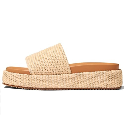 EQAUDES Summer Beach Raffia Platform Wedge Sandals for Women Beige Espadrilles Slip On Dress Slides Comfortable Open Toe Resort Vacation Wear | Amazon (US)