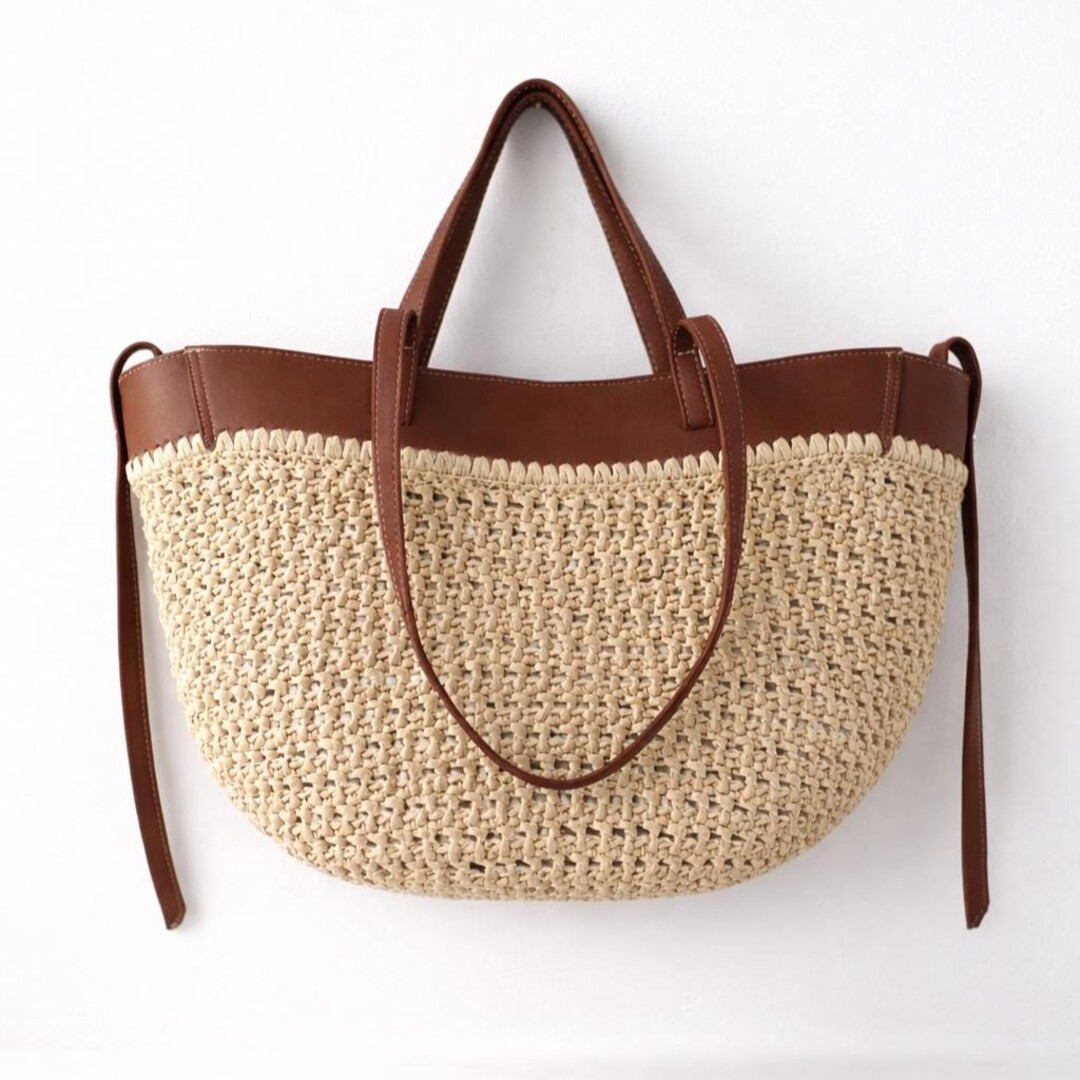 Raffia Crochet Tote Bag with Leather Handles | Designer Inspired Summer Tote | Handmade Large Str... | Etsy (US)