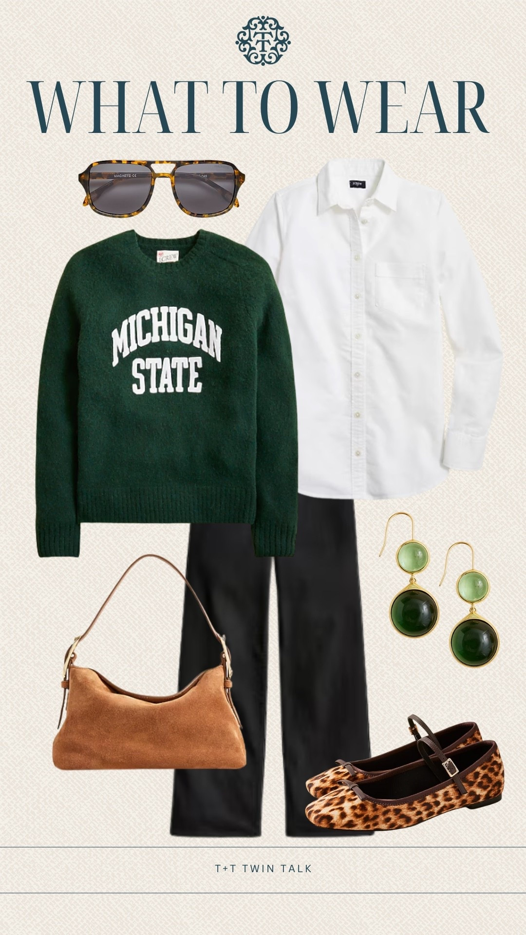 T+T, what to wear! A Michigan state green sweater layered over a white button down from J.Crew! We accessorized with green glass bead earrings, a suede purse, and tortoise sunglasses from J.Crew! Perfect outfit for attending game day in the winter! 

#LTKSeasonal #LTKShoeCrush #LTKStyleTip