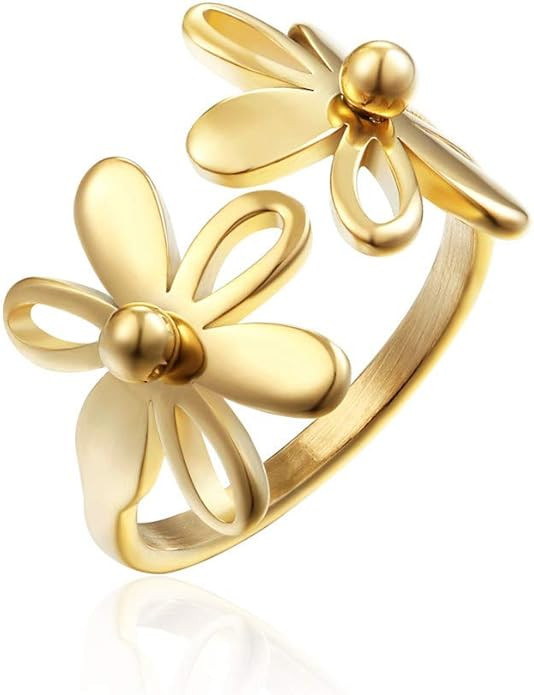 Vintage Daisy Flower Stainless Steel Statement Open Ring for Women Girls Polished Comfort Fit Fil... | Amazon (US)