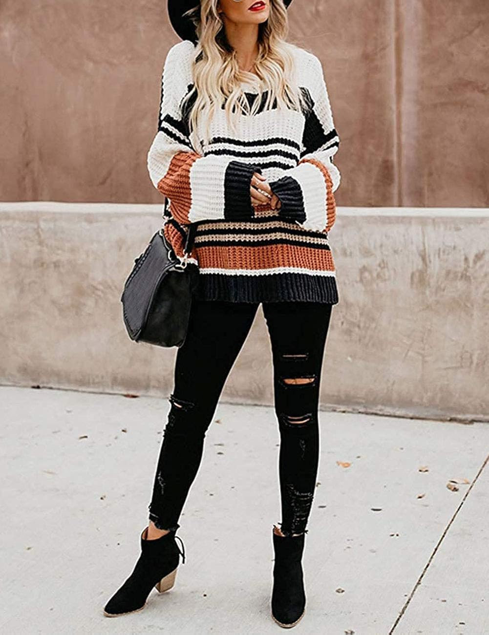 ZESICA Women's Long Sleeve Crew Neck Striped Color Block Casual Loose Knitted Pullover Sweater To... | Amazon (US)