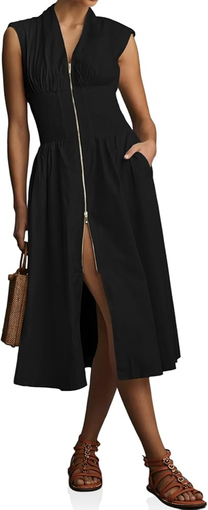 Wenrine Womens Summer Smocked Midi Dress Casual Zipper V Neck Cap Sleeve High Slit Flowy Long Dre... | Amazon (US)