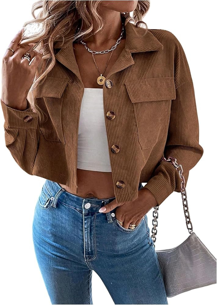 WDIRARA Women's Button Down Corduroy Cropped Jacket Lightweight Long Sleeve Shacket Jacket | Amazon (US)