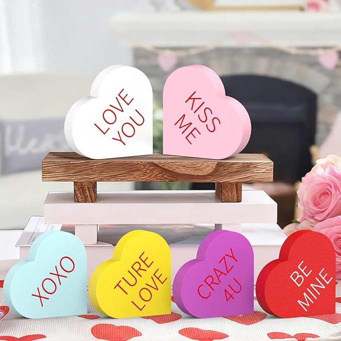 Valentines Day Decor, 6 Pcs Double Printed Wooden Conversation Hearts Decor for Valentine Galenti... | Amazon (US)