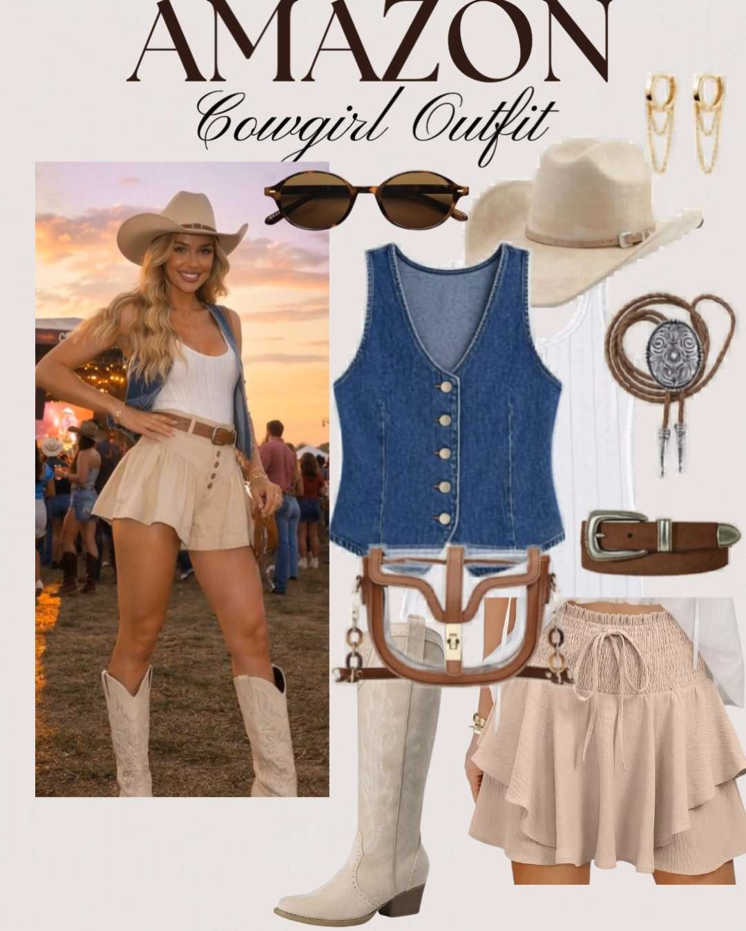 
Sunset Country Concert Outfit 🤠✨ Summer Western Style Inspo This country concert outfit is everything for a summer night out 🤍 Featuring a relaxed graphic tee, flirty ruffle shorts, and classic white cowboy boots, this look is the perfect mix of casual + cute. Paired with a neutral wide-brim hat and effortless waves, it gives that dreamy western vibe that’s trending right now. Whether you’re heading to a festival, outdoor concert, or just love western fashion, this outfit is an easy go-to. country concert outfit, western outfit inspo, summer festival outfit, cowboy boots outfit, Nashville style, neutral outfit aesthetic, boho western style, cute casual summer outfit, concert outfit ideas, Amazon outfit inspo, western chic look, trendy summer outfits #countryconcert #westernstyle #concertoutfit #cowgirlstyle #summeroutfitideas #festivaloutfit #cowboyboots #bohowestern #neutralstyle #amazonfashion #outfitinspo #trendyoutfits #nashvillestyle #casualchic #summerstyle 

 