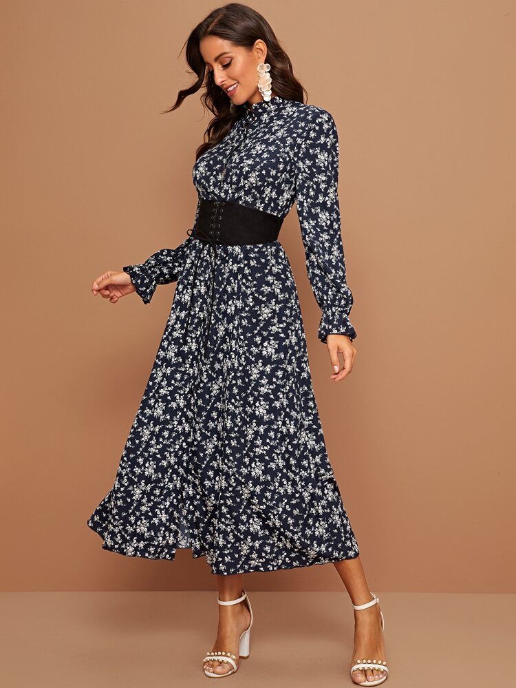 Ditsy Floral Corset Detail A-line Dress | SHEIN