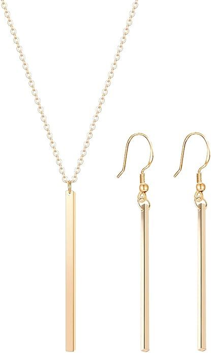 Culovity Vertical Bar Pendant Necklace Earrings - Simple Long lariat Chain Minimalist Dangle Earr... | Amazon (US)