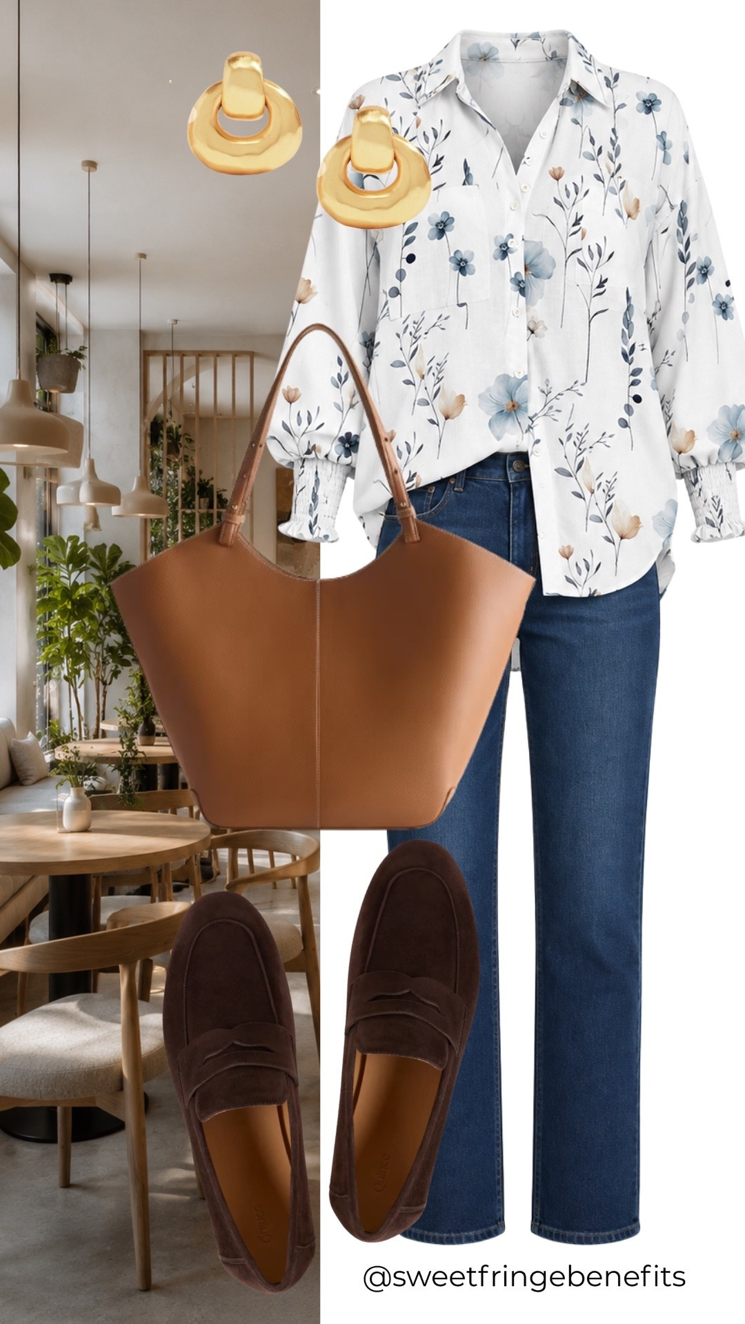 A floral blouse and jeans will always be a favorite combination of mine. I’d add those chocolate brown loafers and a simple tote, and call it a day!
