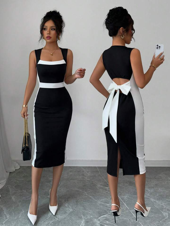 Gloray Women's Hollow-Out Bowknot Back Black & White Contrast Square Neck Sleeveless Long Dress, Elegant Casual, Spring/Summer | SHEIN