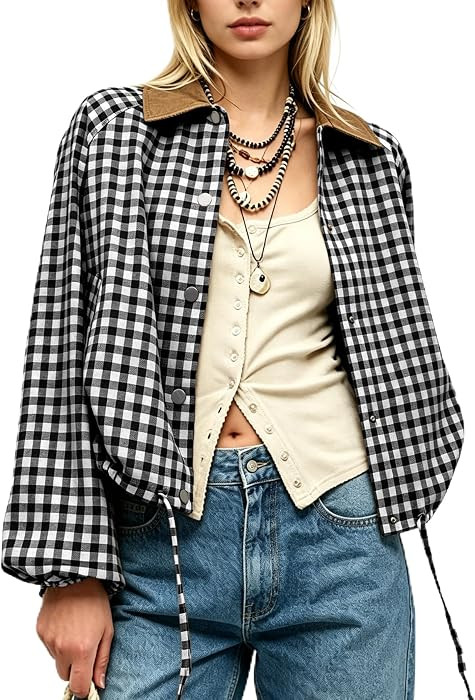 Women Gingham Jacket Corduroy Collar Shacket | Amazon (US)