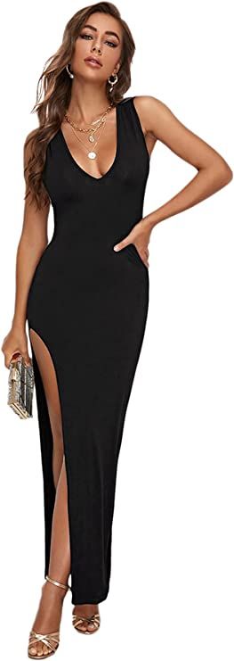 SheIn Women's Side Slit Deep V Neck Bodycon Maxi Dress Split Sleeveless Evening Party Long Dresse... | Amazon (US)