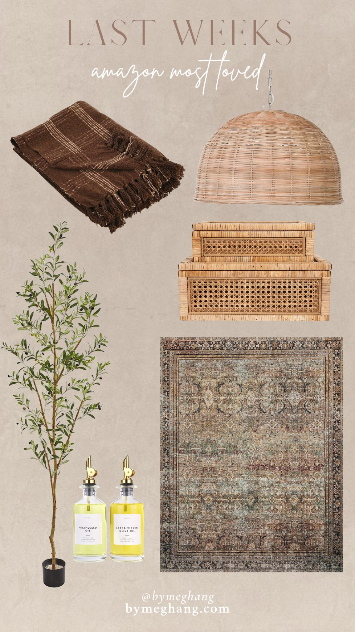 Last weeks amazon most loved! Plaid throw blanket, woven pendant light, cane decorative boxes, affordable rug, faux olive tree, olive oil dispensers , home decor 

#LTKFind #LTKhome