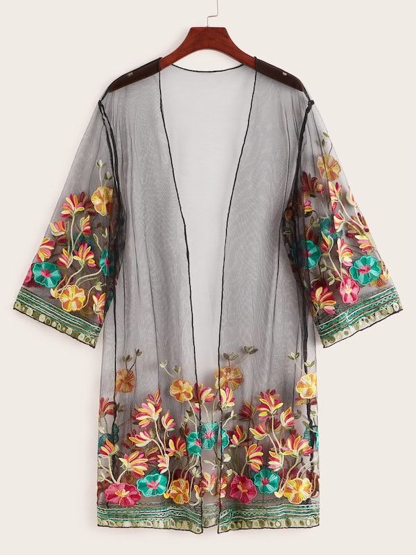 Plus Floral Embroidery Sheer Mesh Kimono | SHEIN