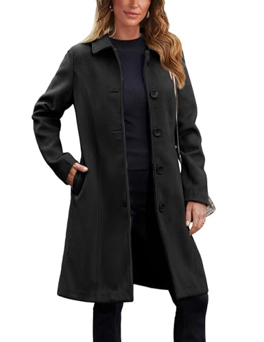 UANEO Womens Pea Coat Faux Wool Single Breasted Long Trench Coat Peacoat Dress Coat Winter (Black-XL) | Amazon (US)