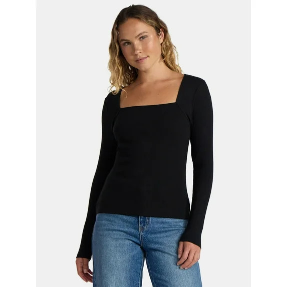 Time and Tru Women's Ribbed Square Neck Top, Size XS-3XL | Walmart (US)