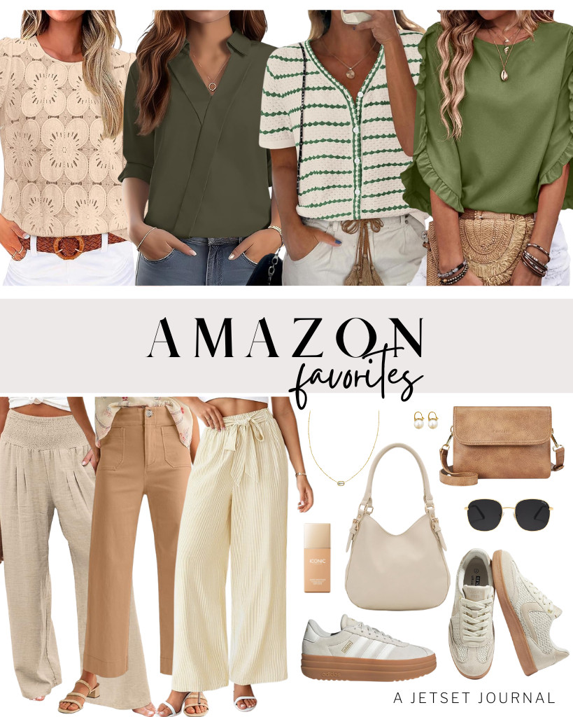 Our Amazon Favorites collection has arrived! I absolutely love how chic this ¾-length lace blouse from Sampeel looks. It's perfect when paired with wide-leg palazzo pants and stylish sneakers. Also featured are OwMell’s gold-plated pearl drop earrings and elegant crossbody bags that complete this look. 

 #LTKSeasonal #LTKSaleAlert #LTKTravel