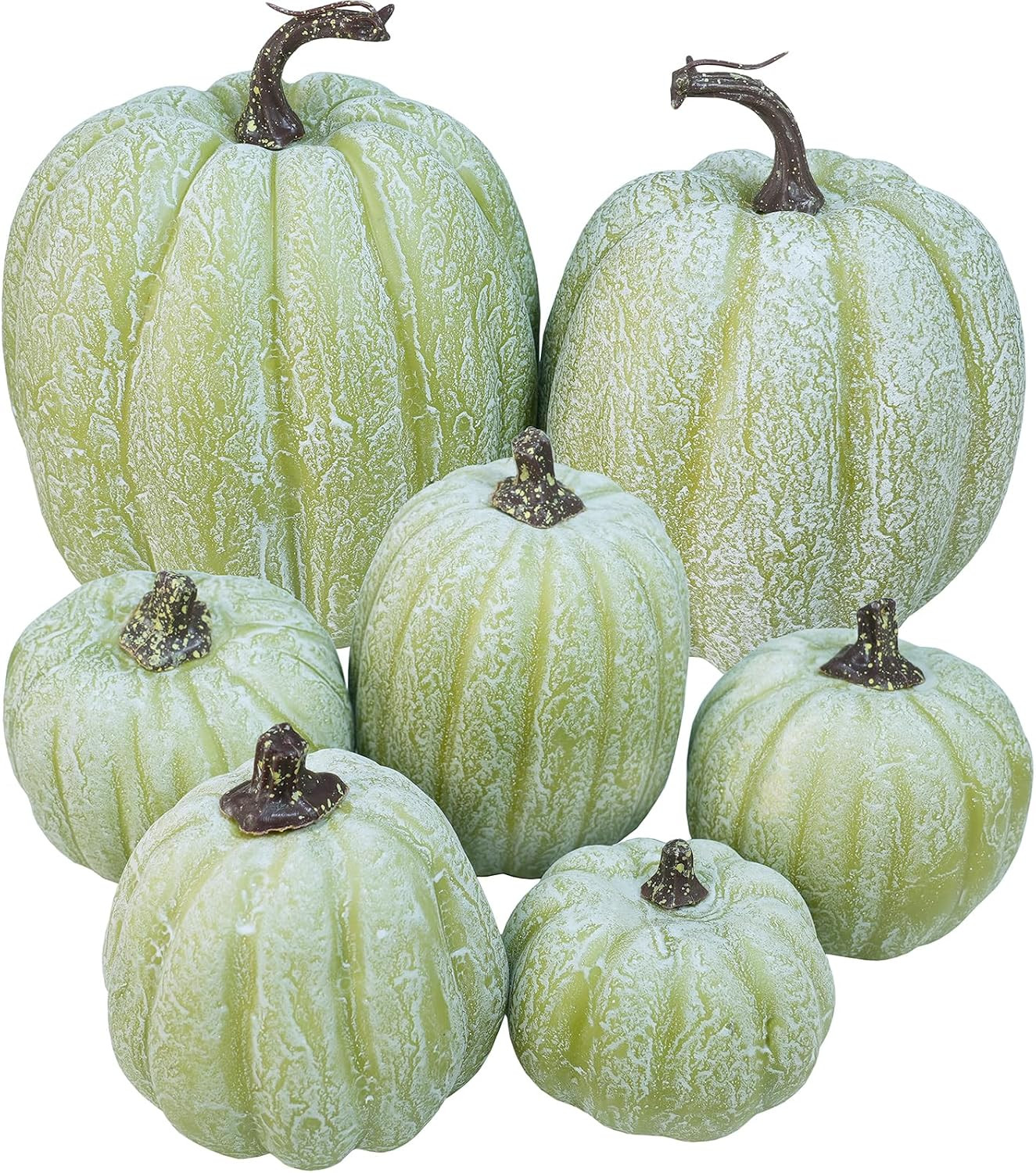 Winlyn 7 Pcs Assorted Sizes Artificial Green Pumpkins Decorative Green Whitewashed Faux Foam Pumpkins for Halloween Thanksgiving Farmhouse Fall Autumn Harvest Home Mantel Table Centerpiece | Amazon (US)