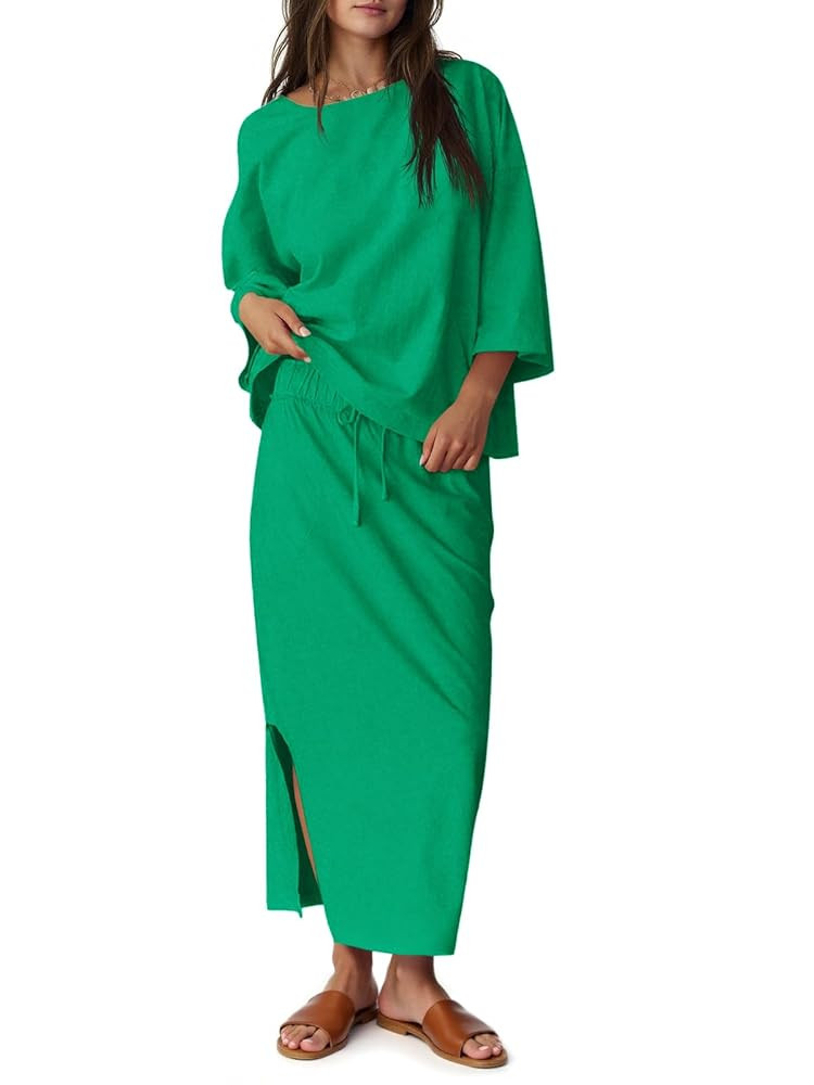 Tankaneo Womens 2 Piece Outfits Fall Skirt Sets Oversized 3/4 Sleeve Top and Maxi Skirt Vacation ... | Amazon (US)