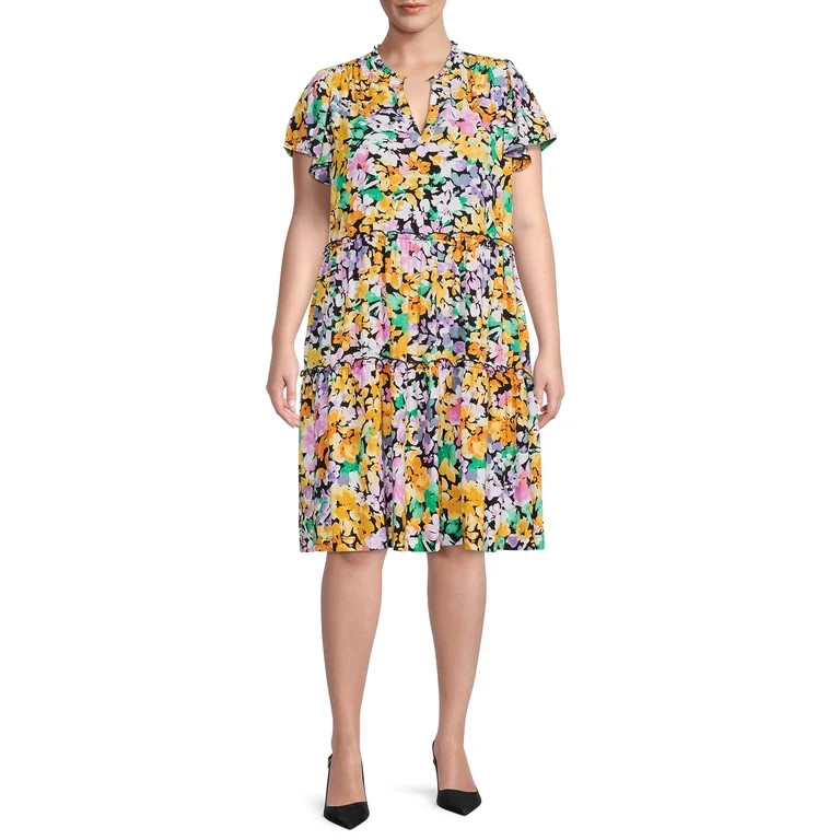Terra & Sky Women's Plus Size Floral Tiered Dress with Short Flutter Sleeves | Walmart (US)