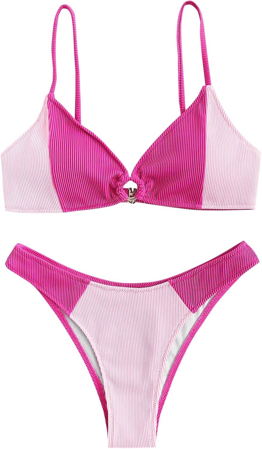 ZAFUL Women's O Ring Tankini Ribbed Colorblock Bikini Set Swimwear Sexy Brazilian Thong Swimsuits | Amazon (US)