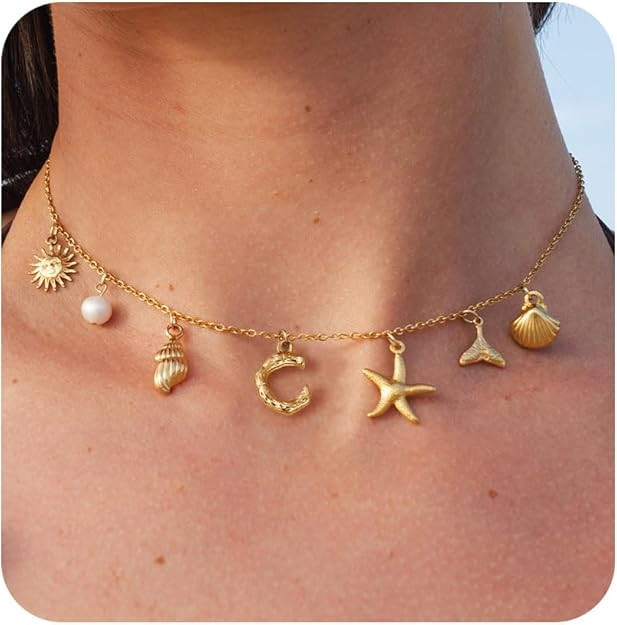 Charm Necklaces for Women, Trendy Boho 14K Gold Plated Initial Necklace Starfish Pearl SeaShells ... | Amazon (US)